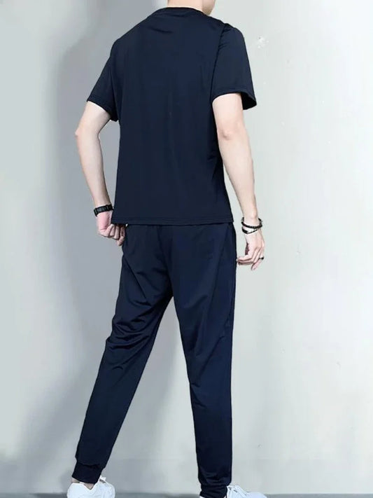 Solid Geometric Pattern Short Sleeve T-Shirt + Elastic Waist Pants Sets