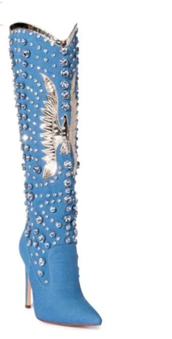 Baby Blue Rhinestone Embellished Pointed Toe Stiletto Glitter Crystal Western Cowgirl Knee-High Boots
