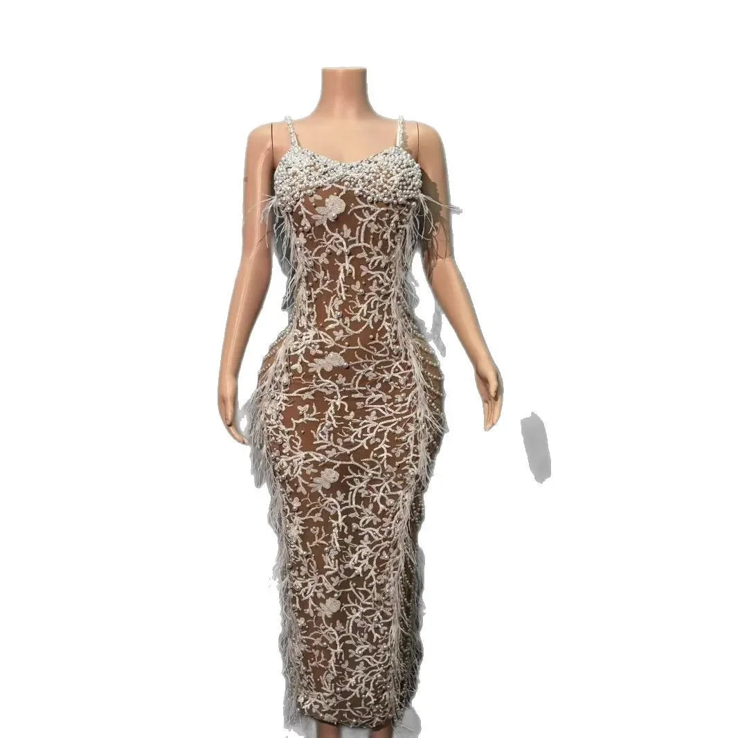 White Transparent Feather Trim Bandage V-Neck Sleeveless Skinny Maxi Formal Dress