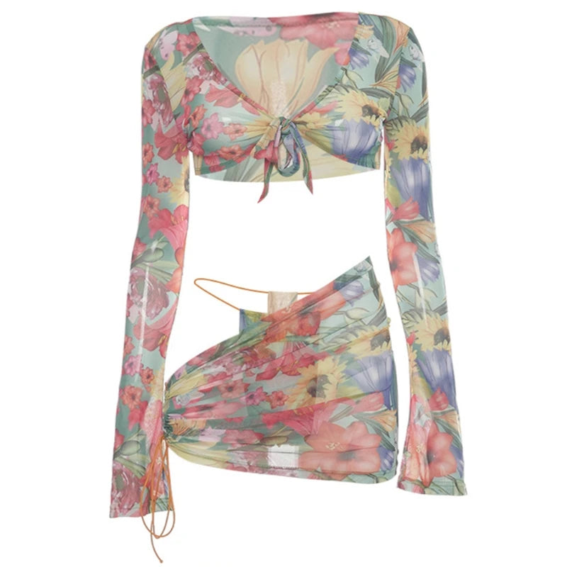 3 Pieces Set Mesh Flower Print Long Sleeve Bowknot Crop Top + Ruched Side Drawstring Ruched Mini Skirt w/Matching Thong Underwear