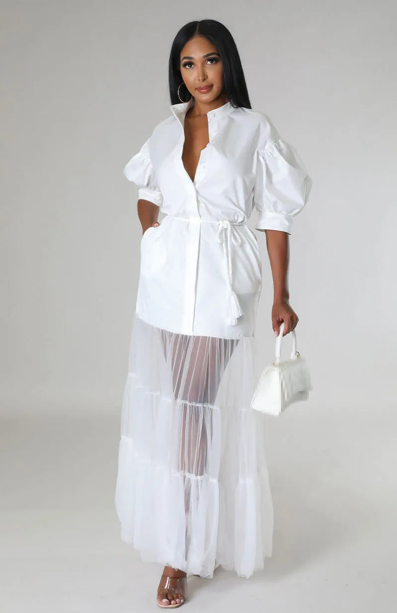 Puff 1/2 Sleeve Tiered Sheer Transparent Tulle Tutu Skirt Design Maxi Shirt Dress