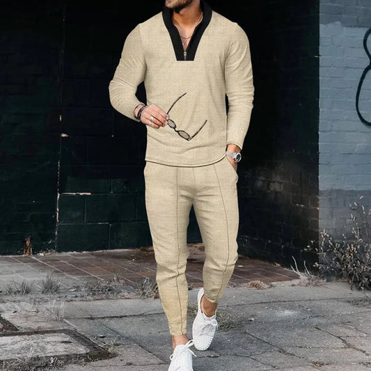 Men's Pullover Colorblock Long Sleeve V-Neck Zipper T-Shirt + Jogger Sweatpants 2-Piece Set