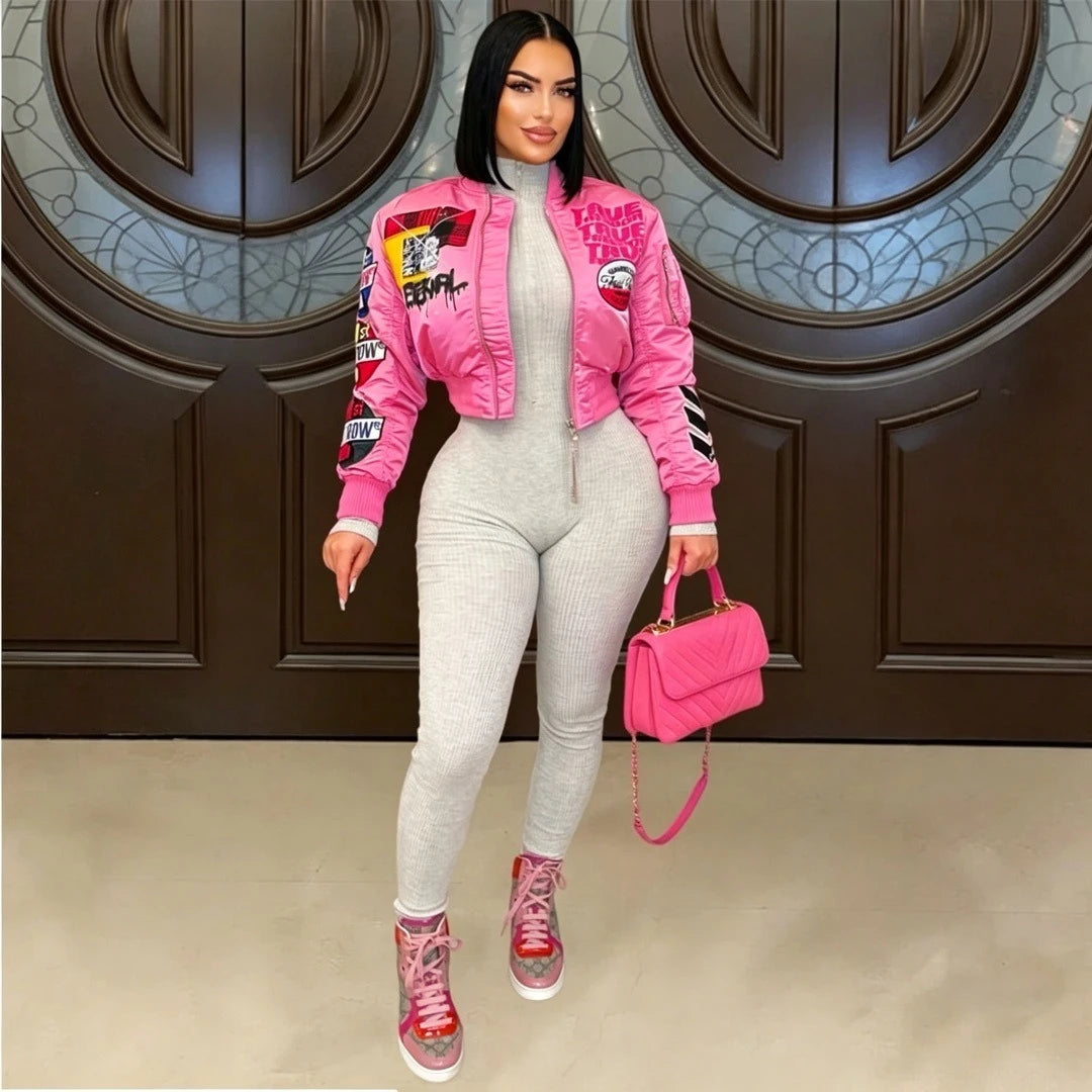 Varsity Patchwork Letter Print Long Sleeve Women's Crop Jacket