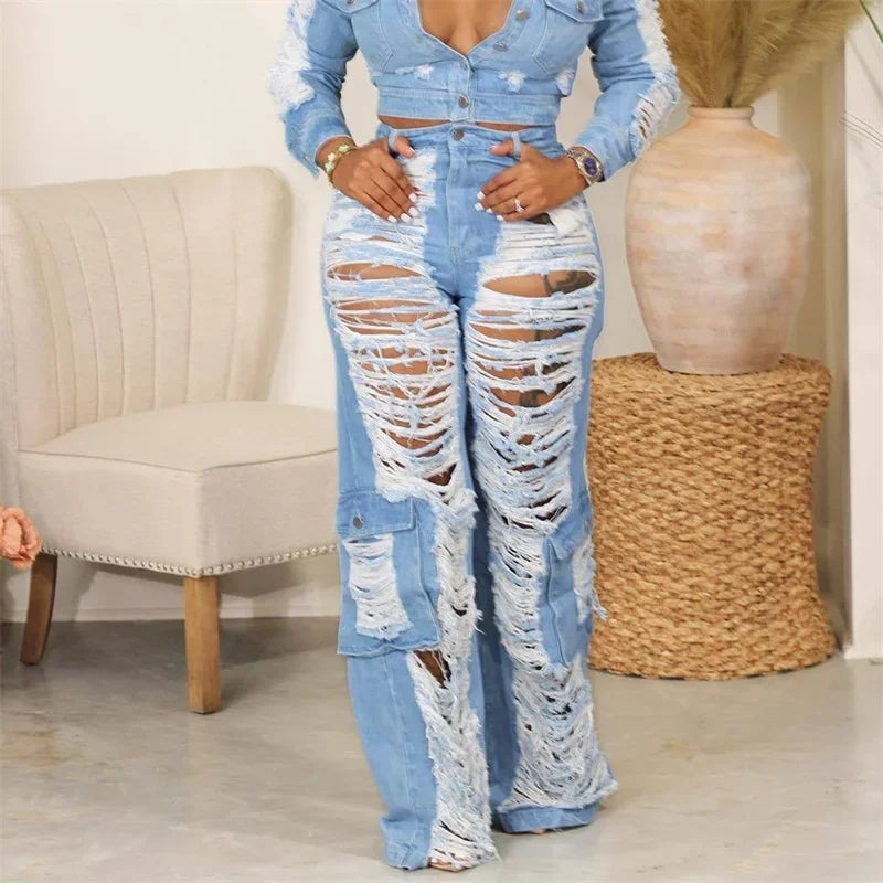 Denim Faded Ripped Hollow-Out Patchwork Design Pocketed High Waist Women's Jeans