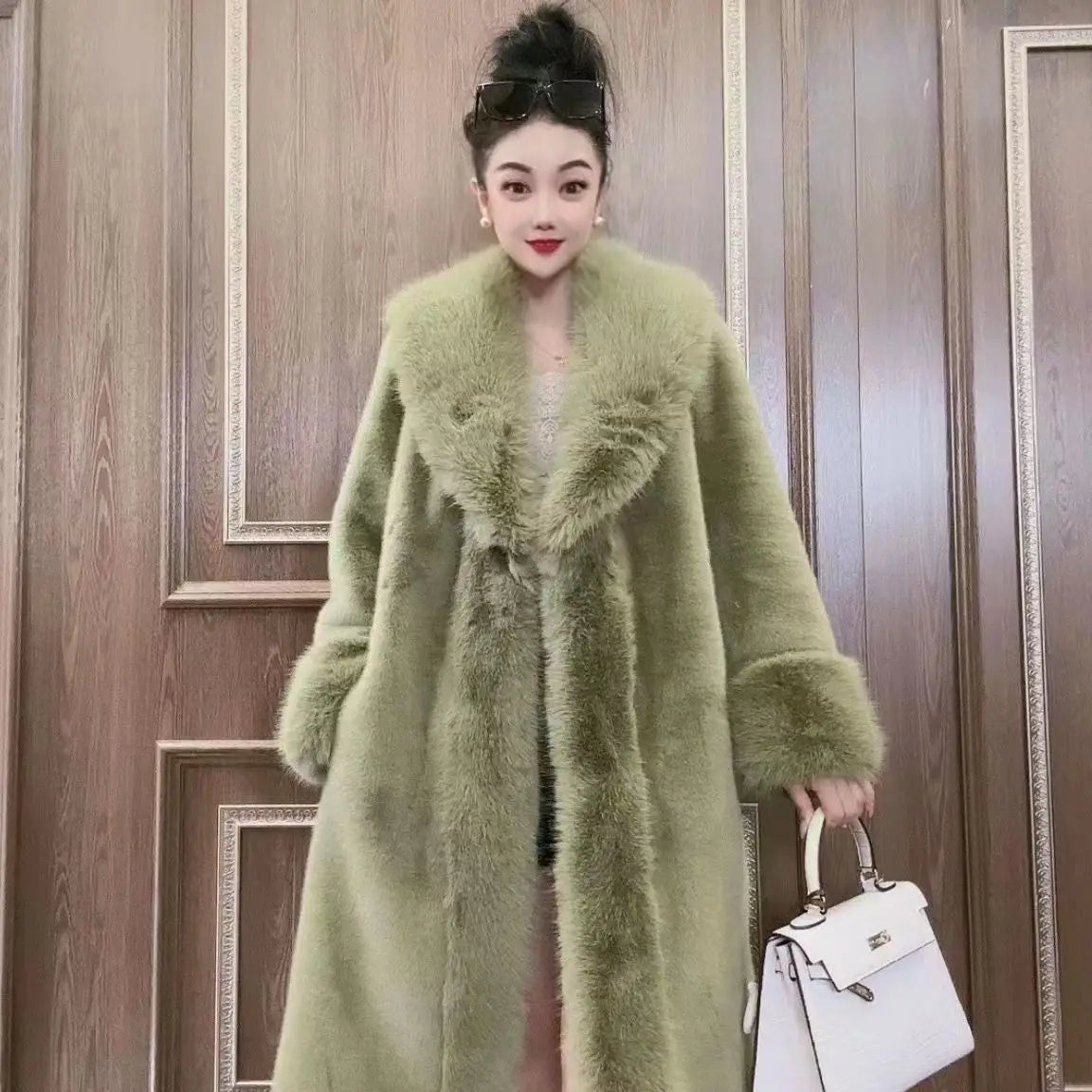 Faux Fur Teddy Oversized Collar Full Pelt Women's Solid Color Trenchcoat