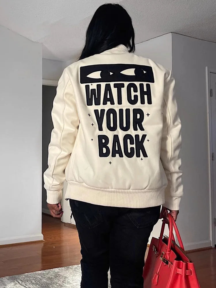 "Protect Your Energy, Watch Your Back" Printed Women's Button Up Baseball Bomber Jacket