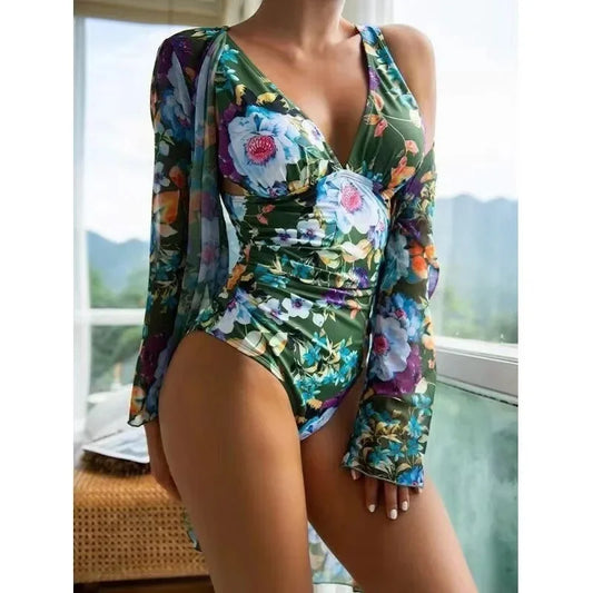 Floral Print Long Sleeve Women's Lace Cover-Up w/ Matching One-Piece V-Neck Swimsuit