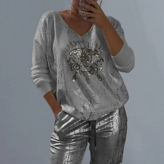 Evil Eye Print V-Neck Long Sleeve Women's Sweater + Metallic Harem Pants 2-Piece Set