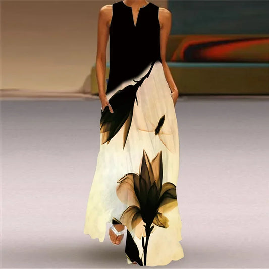 Rainbow Striped/Floral/Geometric Print Sleeveless V-Neck Maxi Dresses
