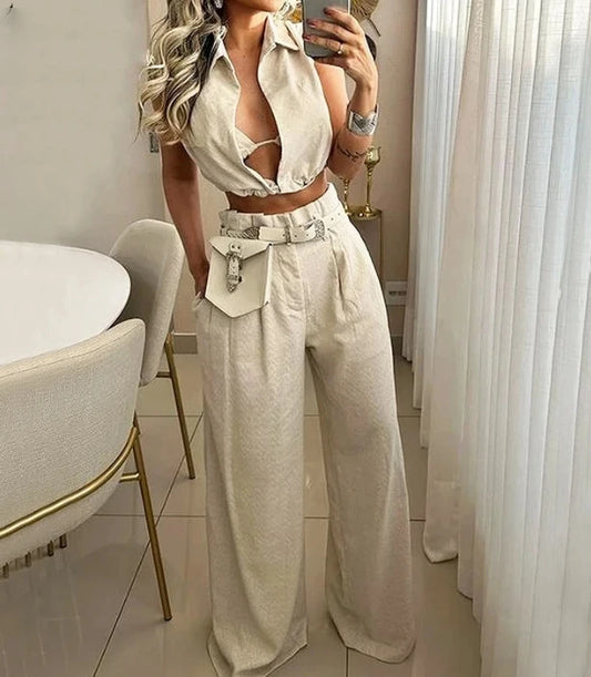 Tan Linen Streetwear Deep V-Neck Sleeveless Crop Vest + Pocketed Wide Leg Cargo Pants 2-Piece Set