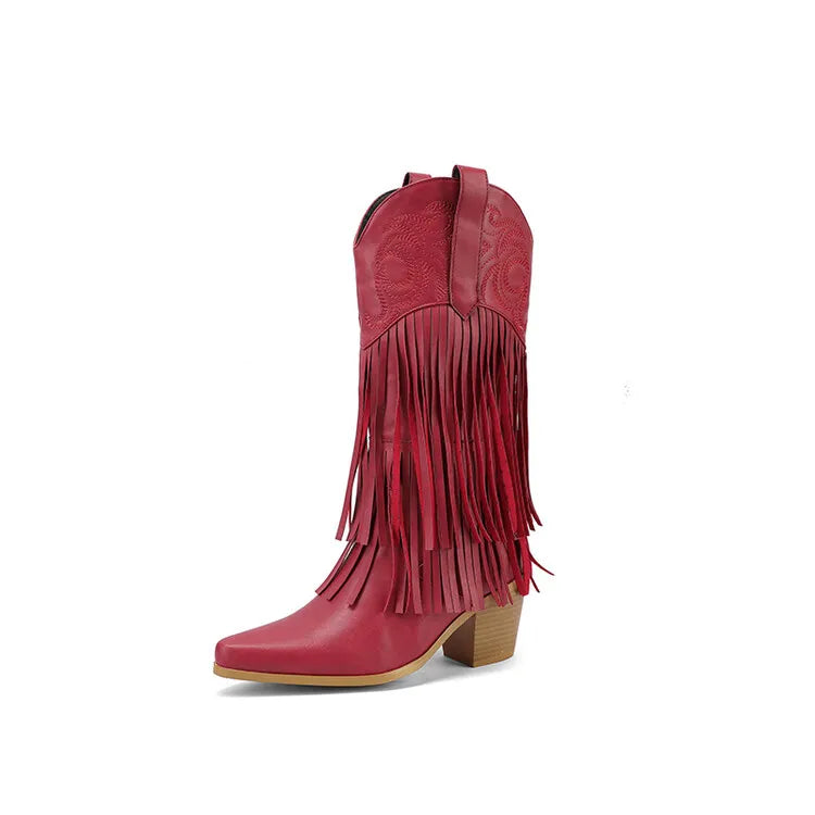 Western Tassel Fringe Totem Design Pointed Toe Women's Wedge Heel Knee-High Cowgirl Rodeo Boots