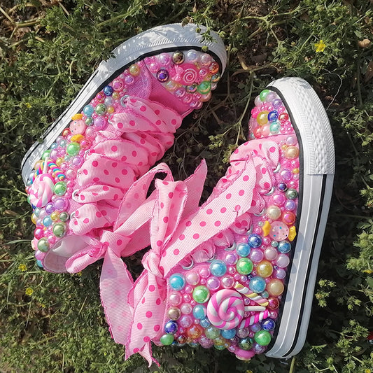 Embellished Handmade Pearl Pink Rhinestone Bling Candy Canvas Women & Girl's Sneakers