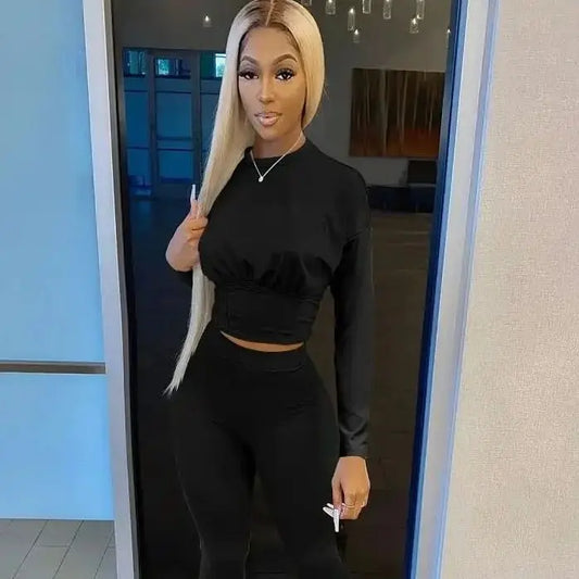 Ruched Fitted O-Neck Solid Color Women's Long Sleeve Crop Top + Leggings Tracksuit
