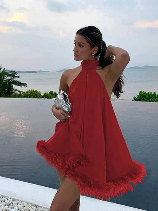 Sleeveless Faux Fur Tassel Hem Solid Color Halter Backless Formal A-Line Mini Dress