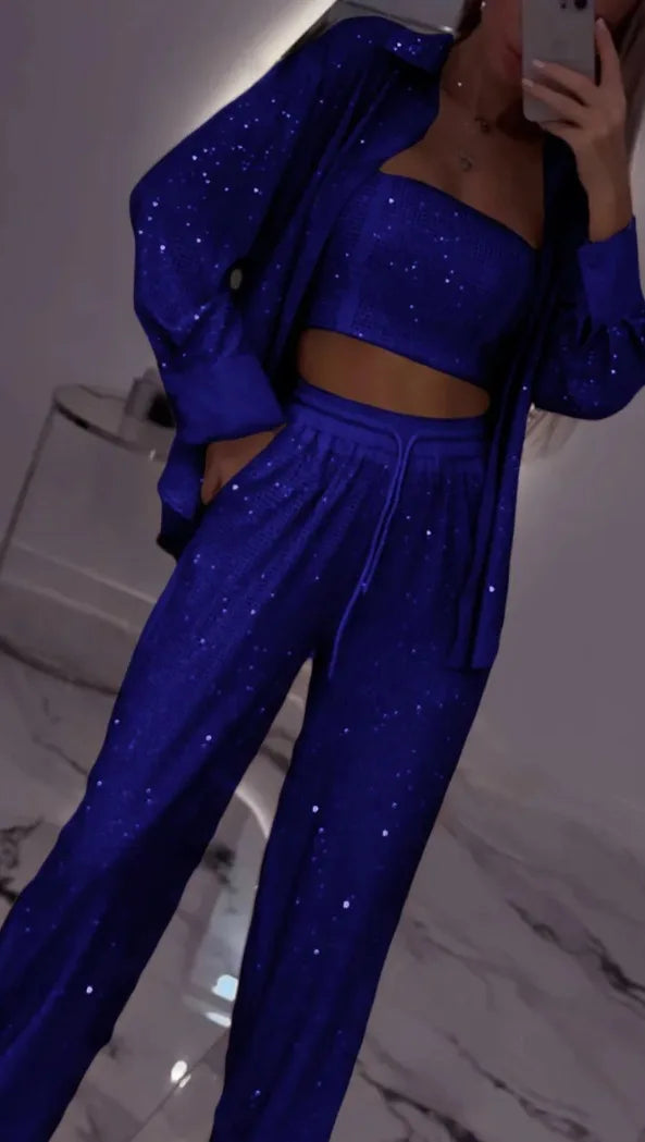 Sparkling Glitter Sequin Women's Fitness Zipper Jacket w/ Matching Tube Top+ Elastic Waist Sweatpants Women's 3-Piece Tracksuit to 3X Plus Size