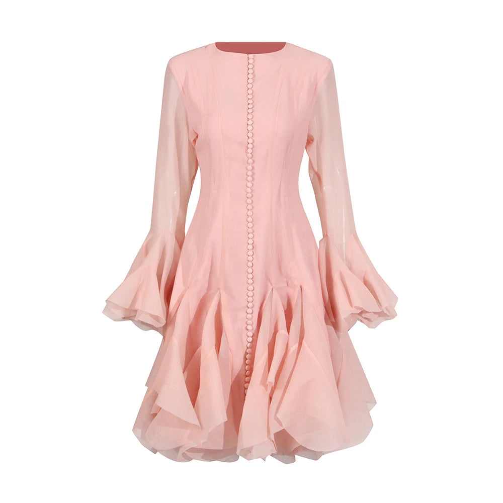 Ruffled Zipper Front Patchwork Ruffled Round Neck Flare Sleeve Midi Dress