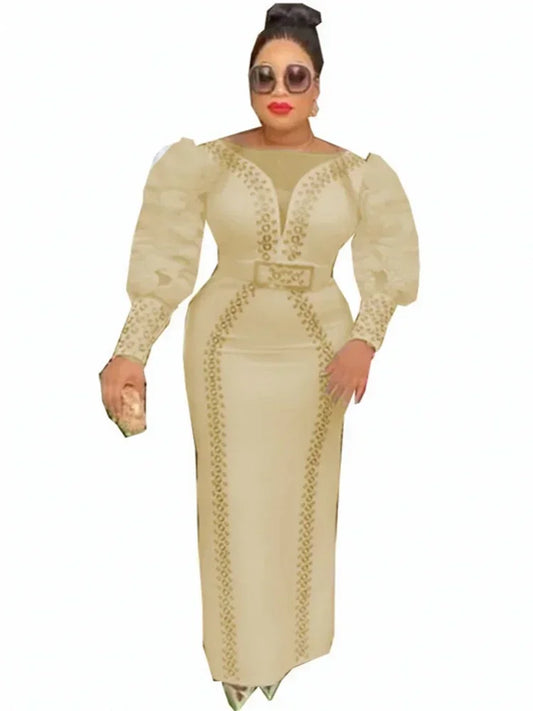 Rhinestone Sheer Belted Puff Balloon Sleeve Formal Wedding Evening Bodycon Formal Maxi Dress