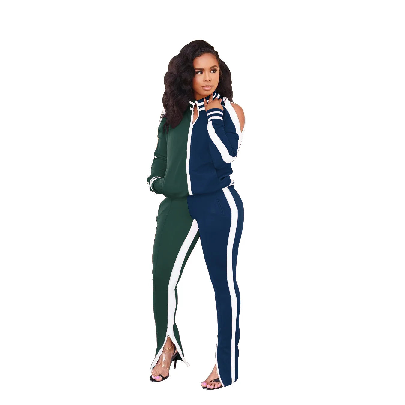 Side Striped Women's Cold Shoulder Colorblock Zipper Jacket + Bodycon Sweatpants Tracksuit