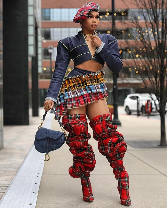 Plaid Checker Print Pleated Women's Ruched Over-the-Knee Runway High Heel Pointed Toe Boots