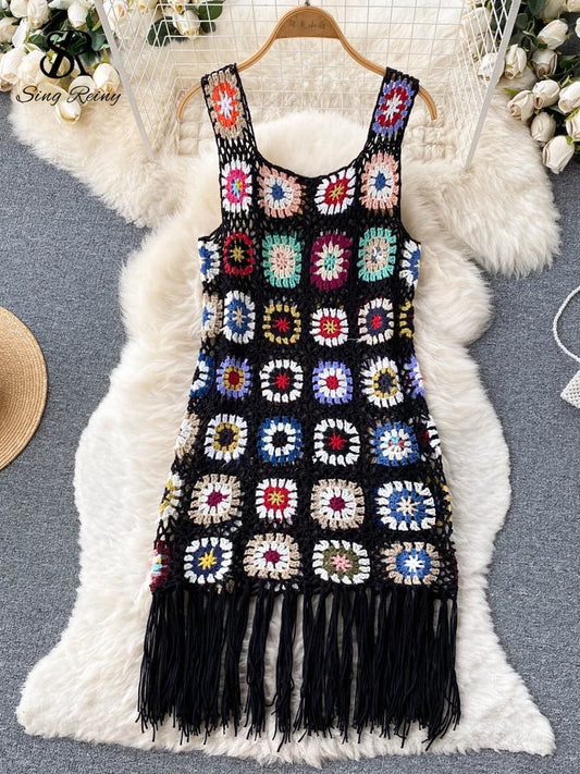 Crochet Sleeveless Knitted Hook Flower Embroidered Hollow-Out Tassel Design Skinny Midi Streetwear Dress
