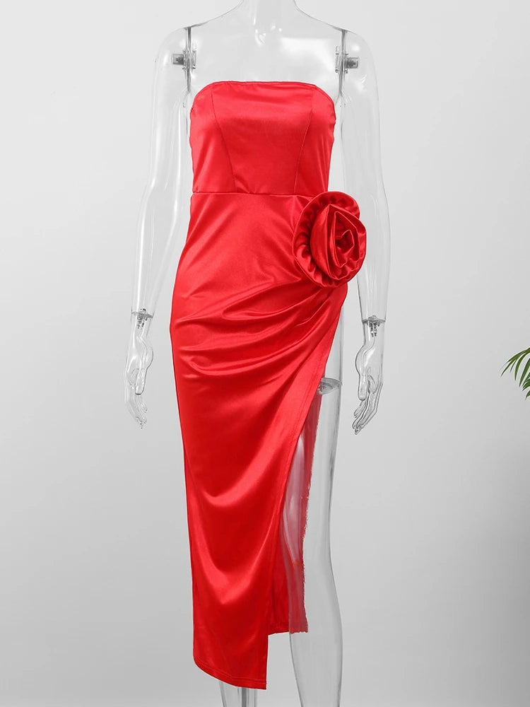 Satin Red Rose Embroidered Designer Strapless Slim Fit High Slit Party/Prom/Bridesmaid Evening Gown Floor-Length Formal Party/Prom Tube Dress
