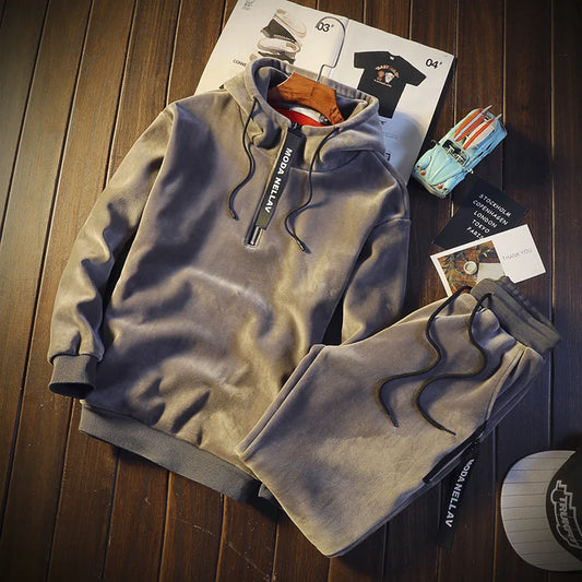 Men's Velvet Reversible Double Sided Solid Color Pullover Drawstring Hoodie Sweatshirt + Sweatpants Tracksuit