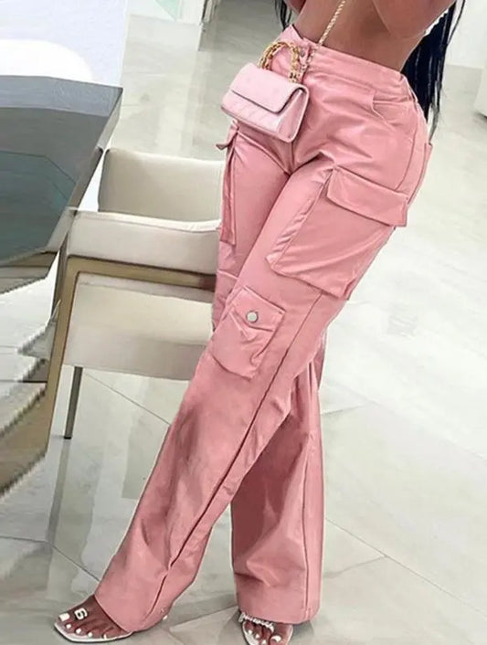 Pink PU Leather Women's Cargo Pocketed Pants