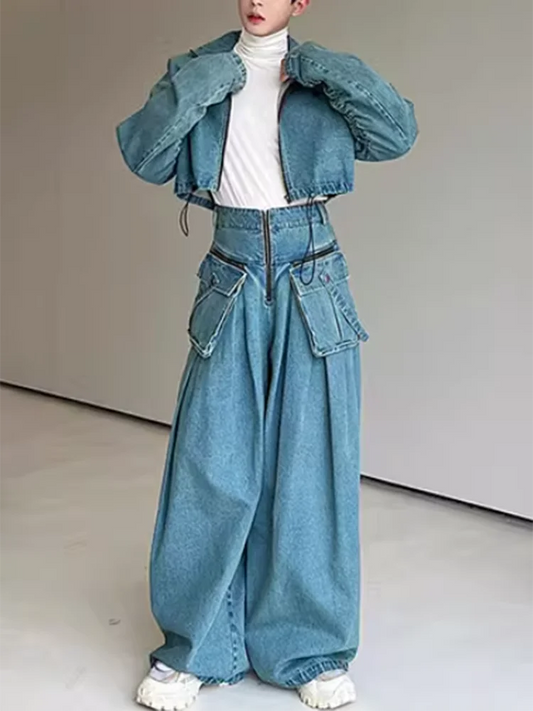 Denim Ruched Women's Long Sleeve Cropped Zipper Jean Jacket + Oversized Pocket Detail High Waist Baggy Cargo Jeans 2-Piece Set