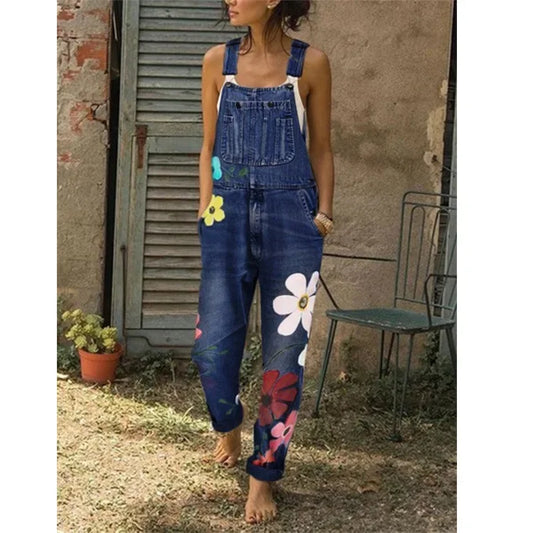 Denim Big Flower Print Sleeveless Overall Style Women's Jean Skinny Jumpsuit to 5X Plus