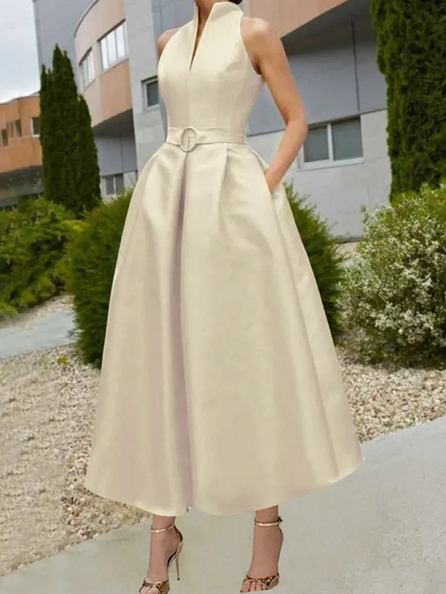 Stand Collar Solid Color V-Neck Belted A-Line Sleeveless High Waist Pleated Evening Maxi Dress