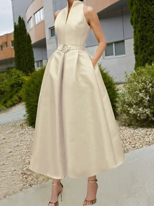 Stand Collar Solid Color V-Neck Belted A-Line Sleeveless High Waist Pleated Evening Maxi Dress