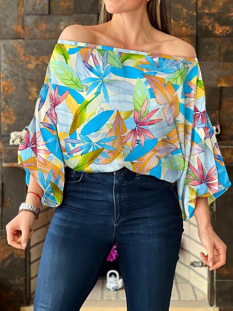 Floral/Geometric/Striped Loose Lantern Sleeve Off-the-Shoulder Blouse to 3X Plus Size