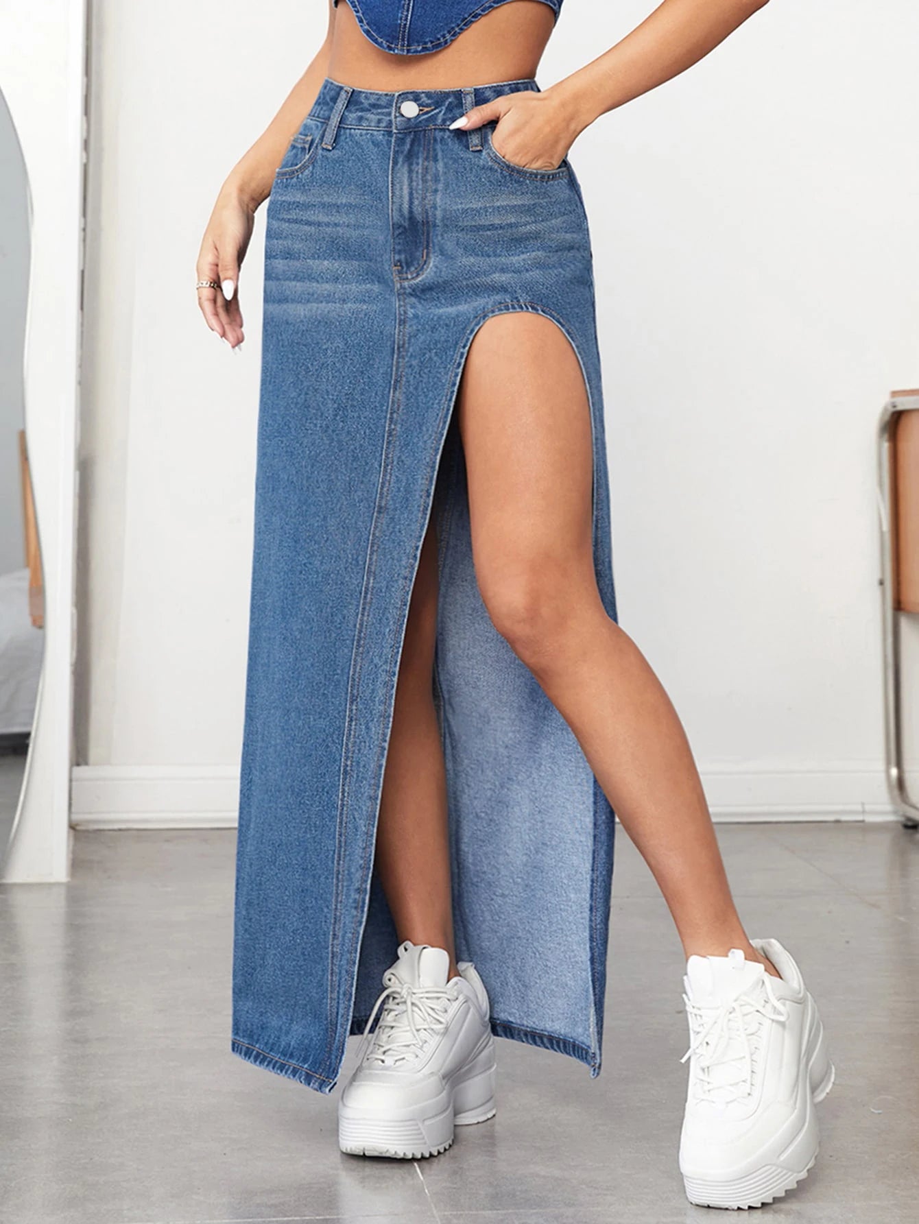 Denim Slant Pocket Detail High Slit Maxi Skirt