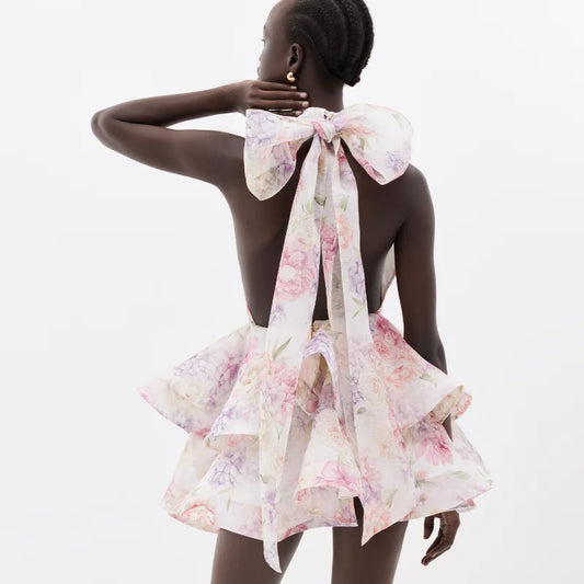 Floral Rose Print Oversized Back Bow Design Sleeveless Stacked Layered A-Line Formal Mini Swing Dress