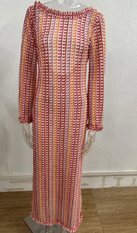 Striped Open Lace Stitch Pattern Backless Contrast Color Long Sleeve Loose Maxi Sweater Dress