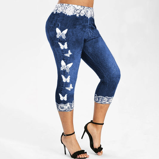 Elastic Waist Butterfly Print Capri Leggings