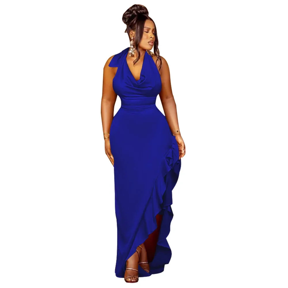 Satin Sleeveless Solid Color Halter Cowl Neck Ruffled High Slit Backless Maxi Party Dress