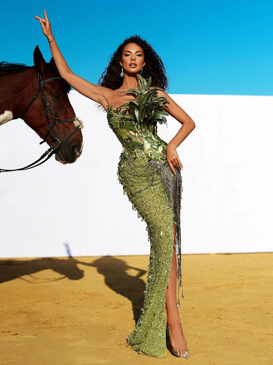 Green Sparkling Sequin Beaded Feather Tassel Fringe Design Strapless Skinny High Slit Party/Prom Evening Dress