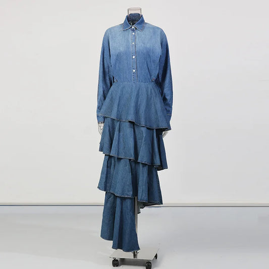 Denim Blue Gradient Colorblock Long Sleeve Turn-Down Collar Jean Shirt + Ruffled Tiered Layered Hi-Lo Tutu Jean Skirt Women's 2-Piece Set