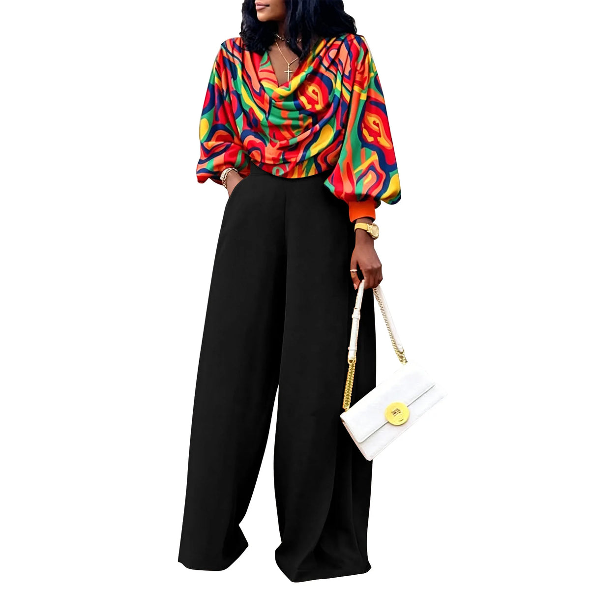 Geometric Print Women's Long Sleeve Top + Solid Color Pants Set to 5X Plus Size