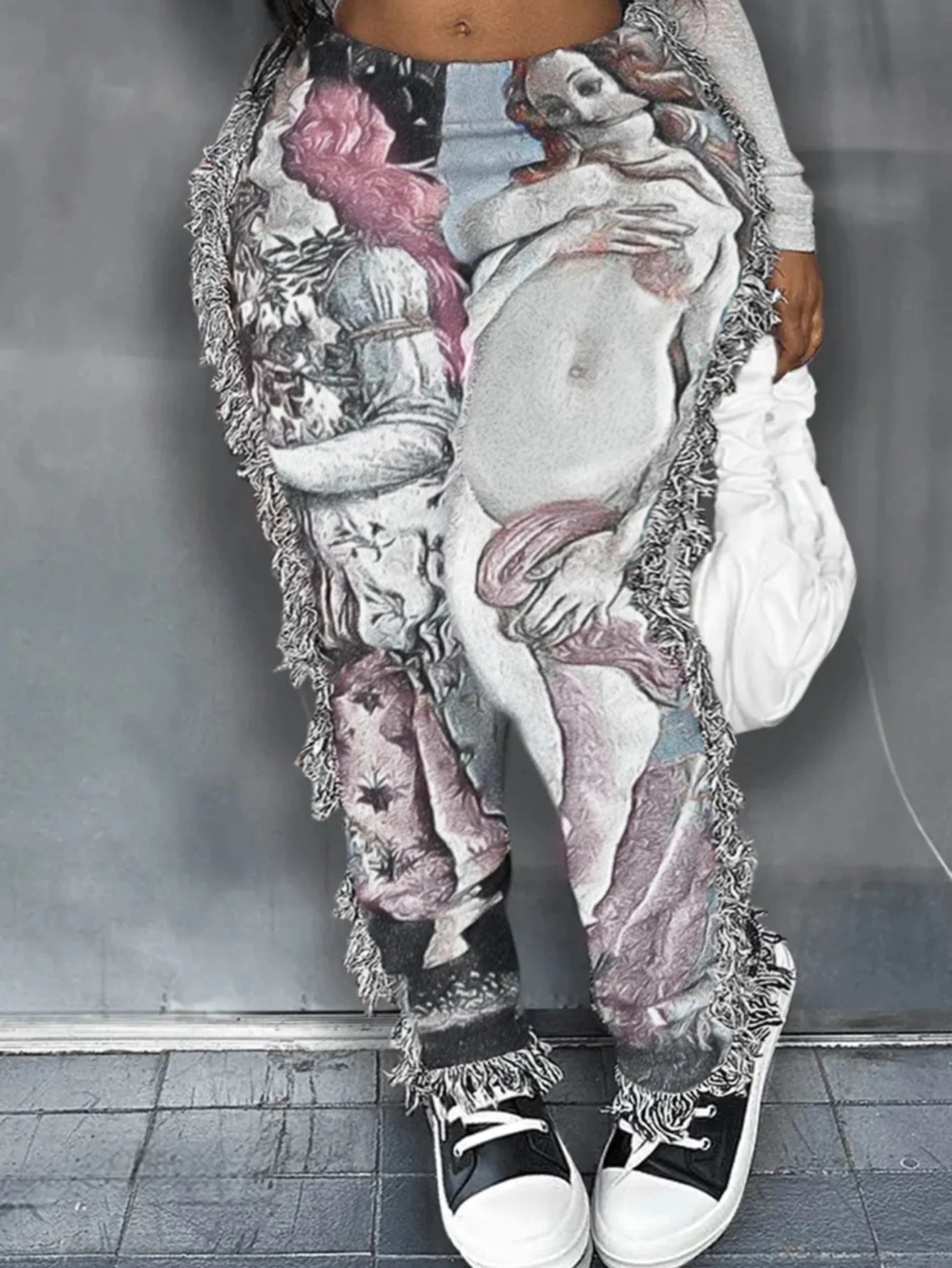 Abstract Portrait Print High Waist Tassel Design Flared Women's Skinny Pants to 5X Plus Size