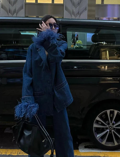 Blue Denim Streetwear Ostrich Feather Cuff Women's Jean Jacket Blazer