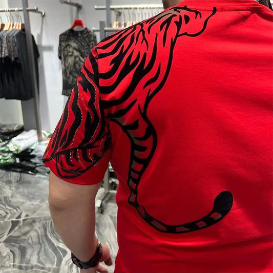 Men's Sequined 3D Tiger Loose Print O-Neck Short Sleeve T-Shirt
