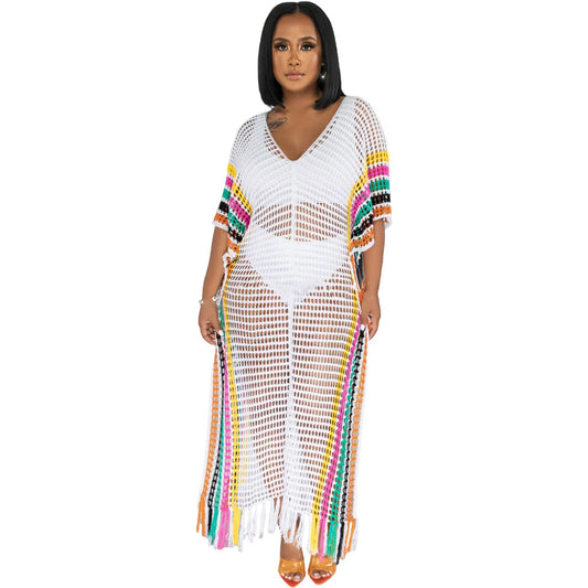 Crochet Knitted Colorblock Striped Hollow-Out Tassel Fringe Design Beach Maxi Dress/Swimsuit Cover-Up