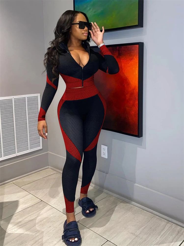 Texturized Colorblock O-Neck Long Sleeve Sports Zipper Cropped Jacket + Skinny Leggings Tracksuit