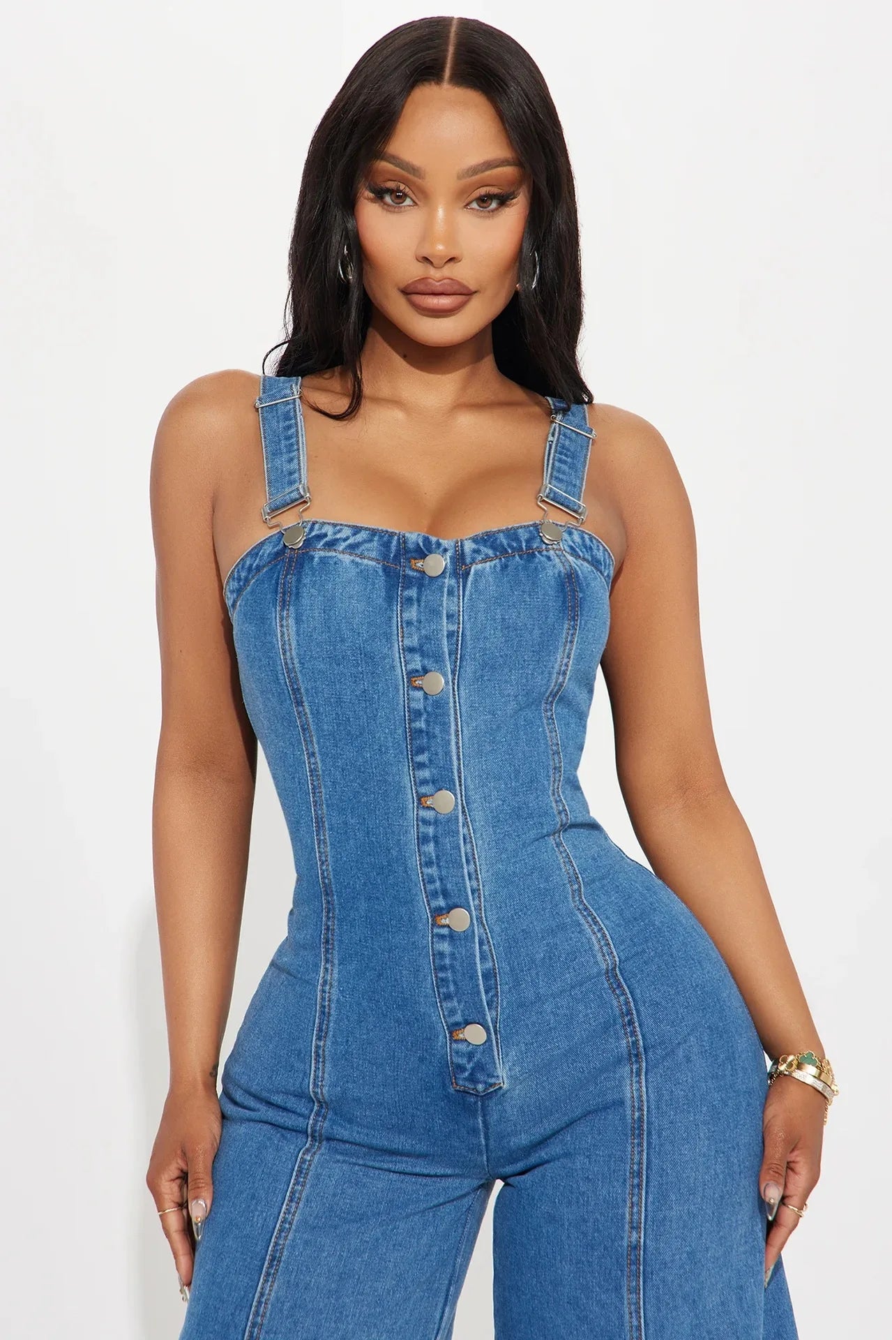 Wide Leg Denim Women's Spaghetti Strap Bell Bottom Overall Jean Jumpsuit