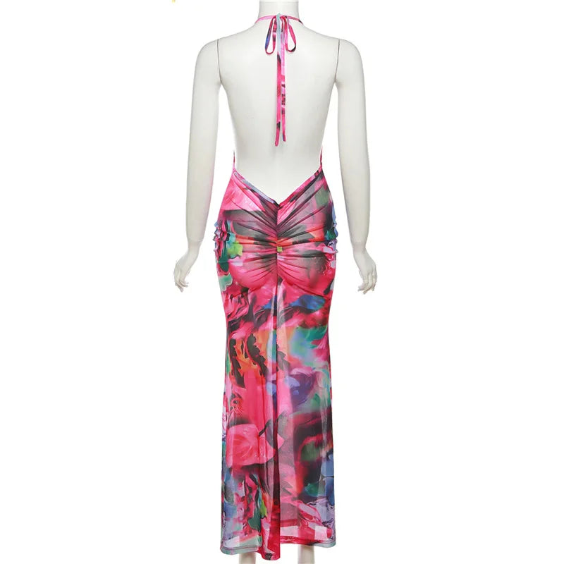 Hot Pink Floral Lace Spaghetti Strap Backless Sleeveless Suspender Maxi Dress