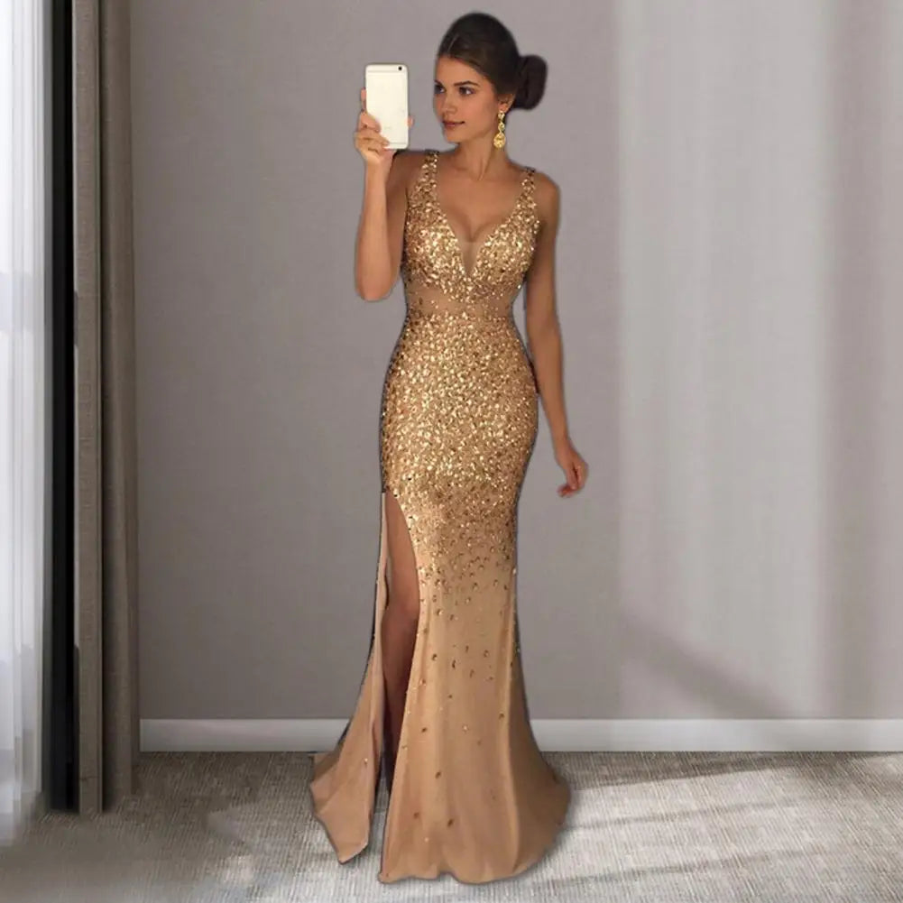 Sparkling Metallic Mesh Patchwork Sequin Sleeveless Split Hem Mermaid High Side Slit Maxi Formal Party/Prom Dress