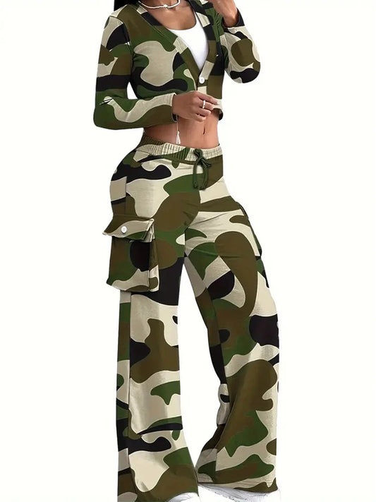Colored Camoflauge Print Cropped Button-Up Jacket & Cargo Pocketed Elastic Waist Wide Leg Sweatpants Women's Tracksuit