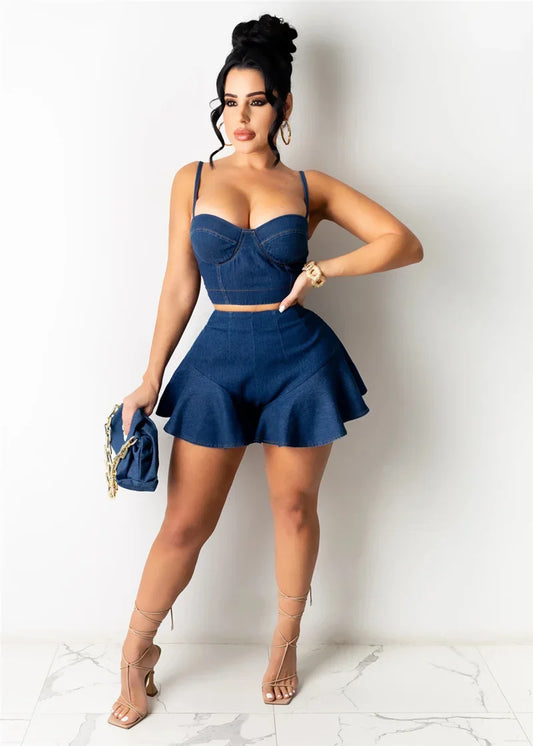 Denim Sleeveless Cami Crop Top + Ruffled Mini Jean Shorts Women's 2-Piece Set